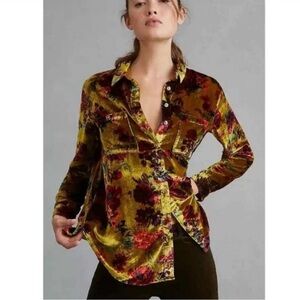 Pilcro Anthropologie Velvet Floral Print Button Down Yellow Green Small Boho